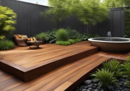 Terrassengestaltung mit Holz und Wasserelementen